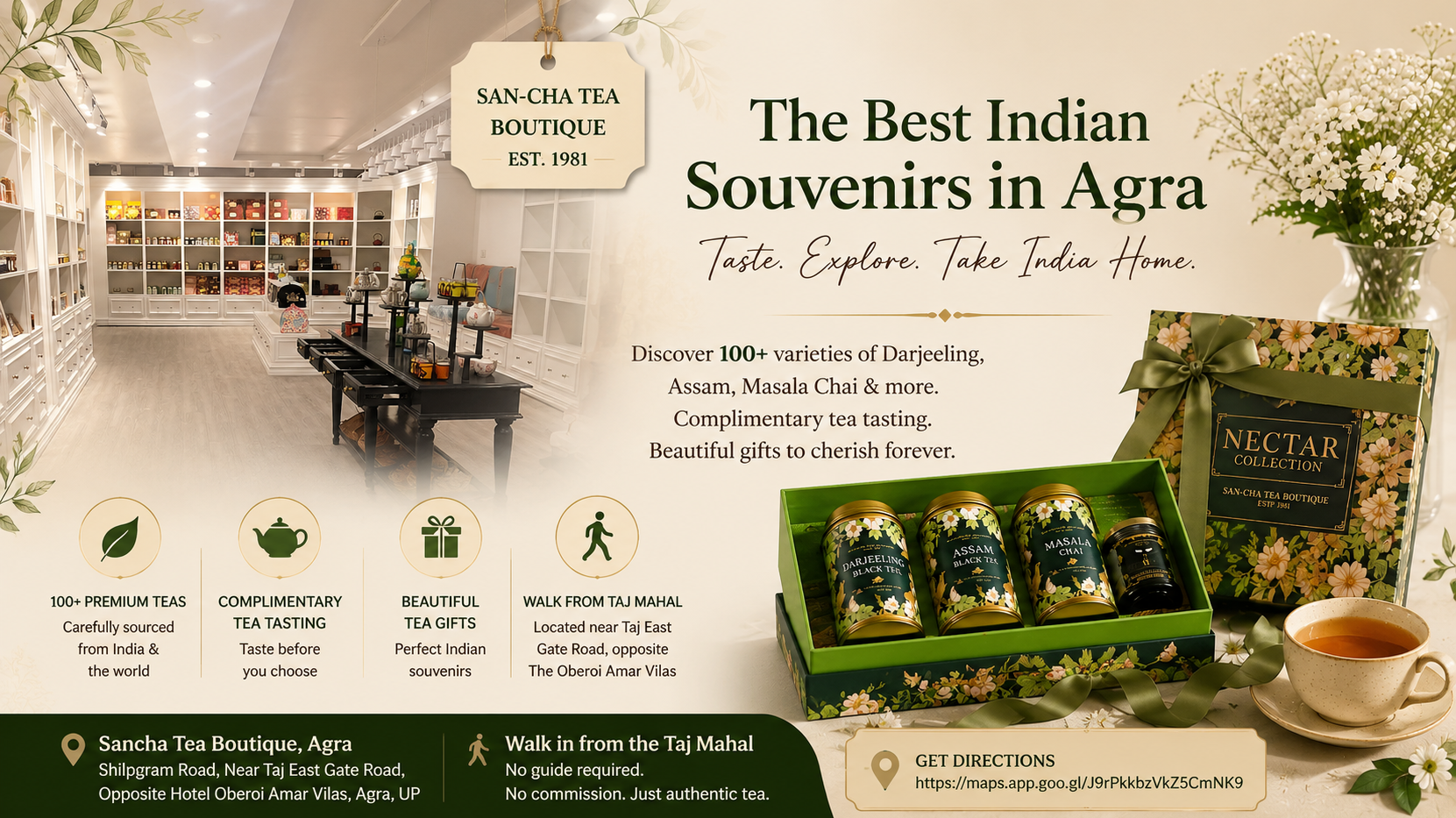 Sancha Tea Boutique Agra near the Taj Mahal offering 100+ Indian teas, complimentary tea tasting and premium Indian tea gifts