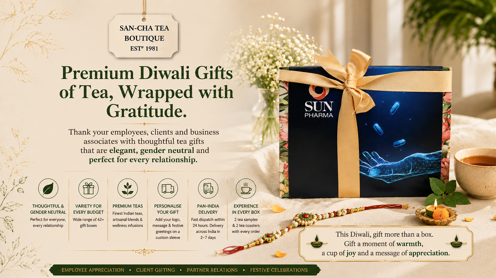 Premium Diwali tea gift box from SAN-CHA Tea Boutique, featuring personalised corporate packaging, elegant ribbon, festive diya and tea cup, promoting thoughtful Diwali gifts for employees, clients and business associates across India.