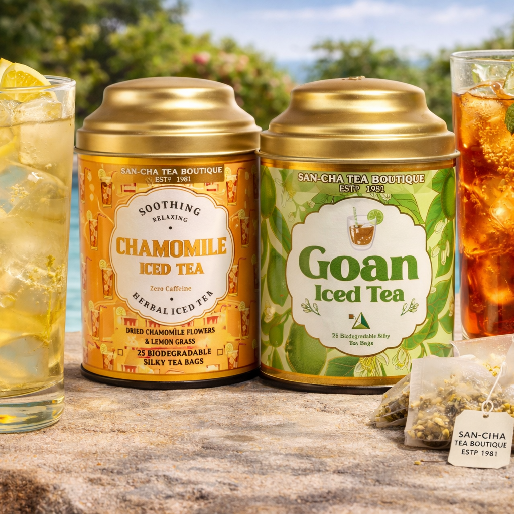 Herbal Iced Tin Caddies along with brewed Iced Teas by Sancha