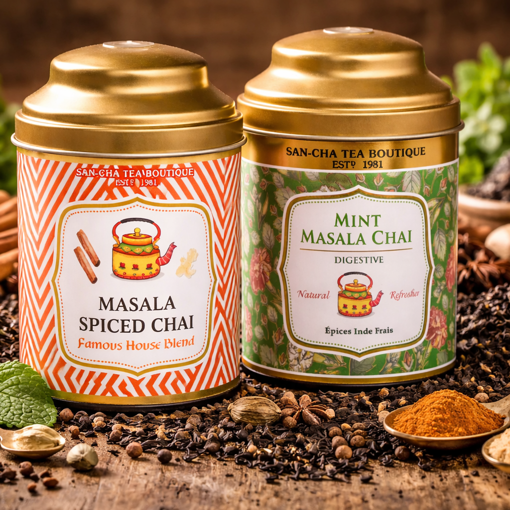 Indian masala chai blends with spices and black tea displayed in a warm, natural scene