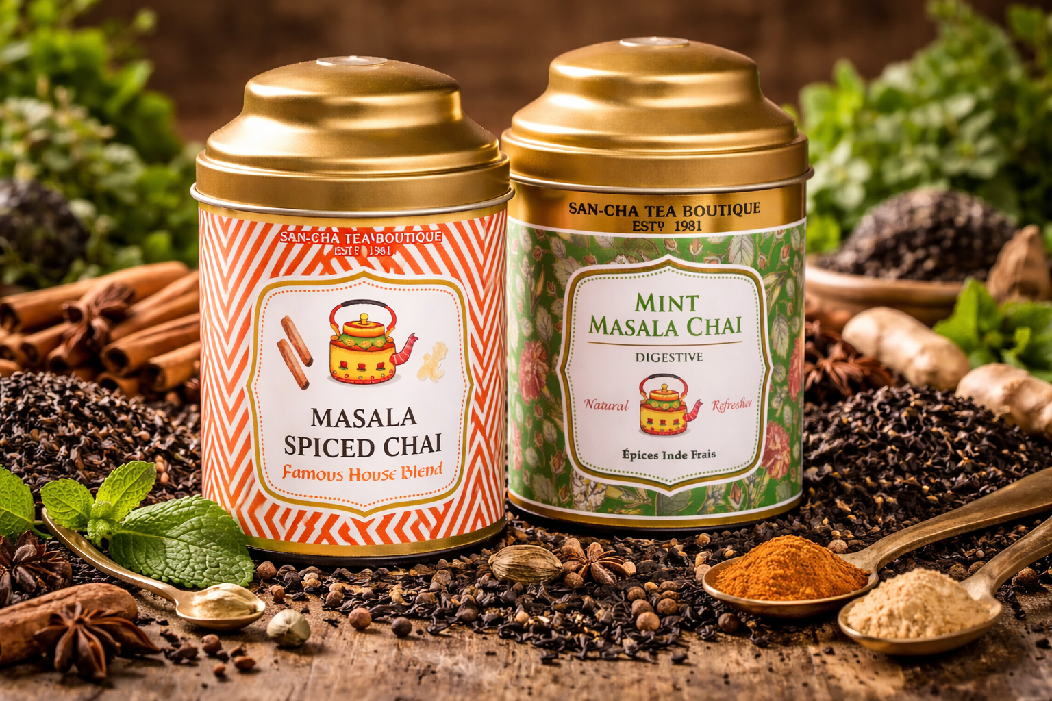 Indian masala chai blends with spices and black tea displayed in a warm, natural scene