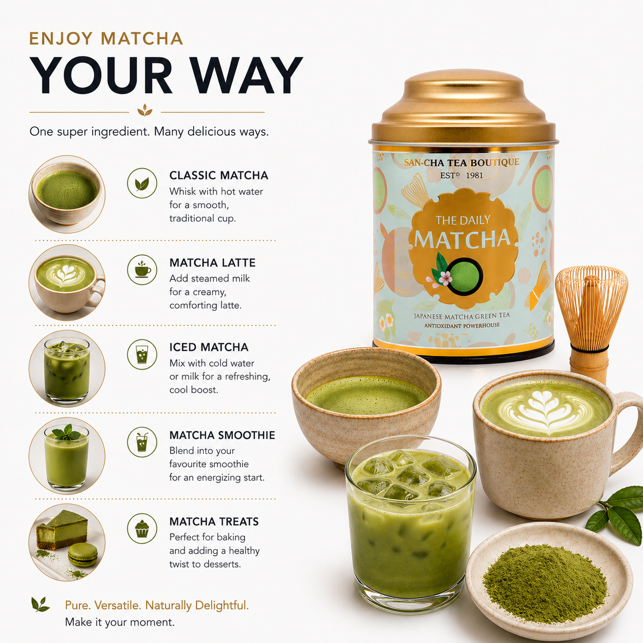 Matcha green tea packaging with various ways to enjoy matcha