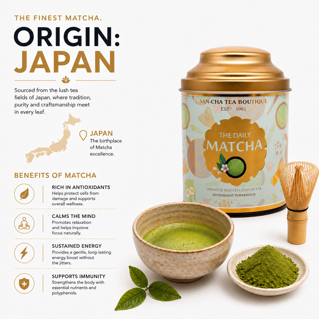 Matcha tea packaging with a bowl of matcha, whisk, and leaves