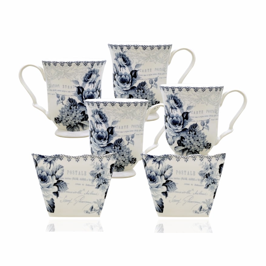 French Blue Rose Tea Set (4 Tea Mugs & Savoury Serving Cups) Sancha