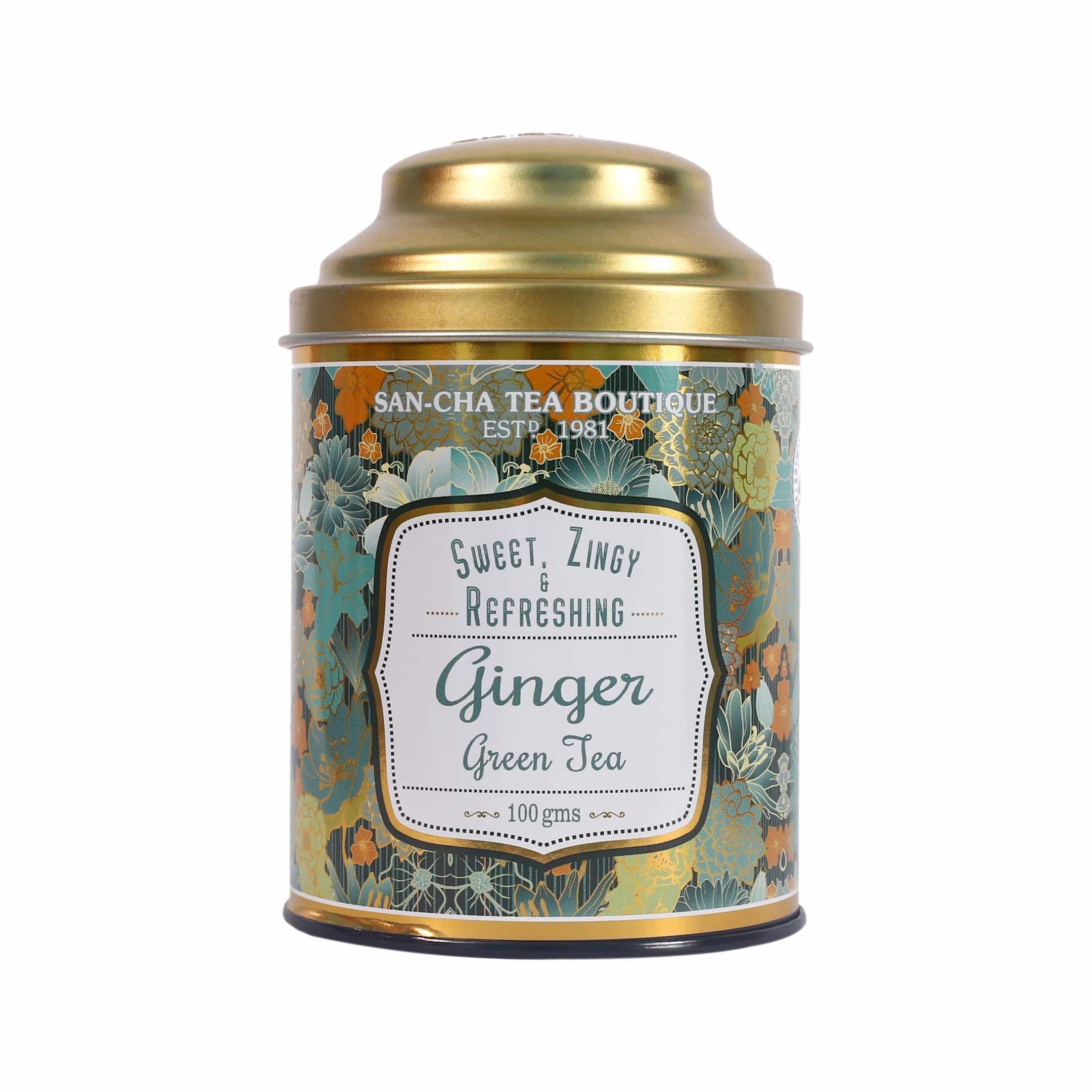 Sancha Ginger Green Tea packaging with ginger root accents