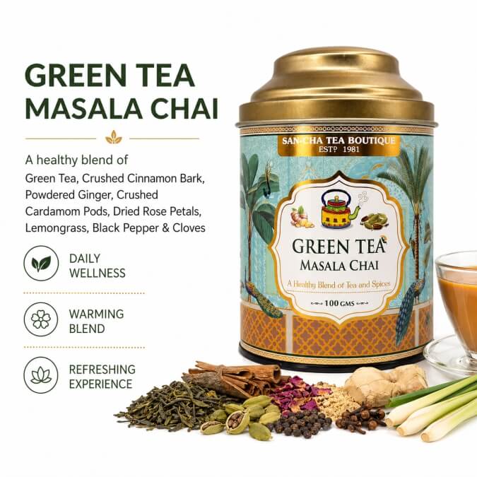 Green Tea Masala Chai canister with ingredients and tea cup on a white background