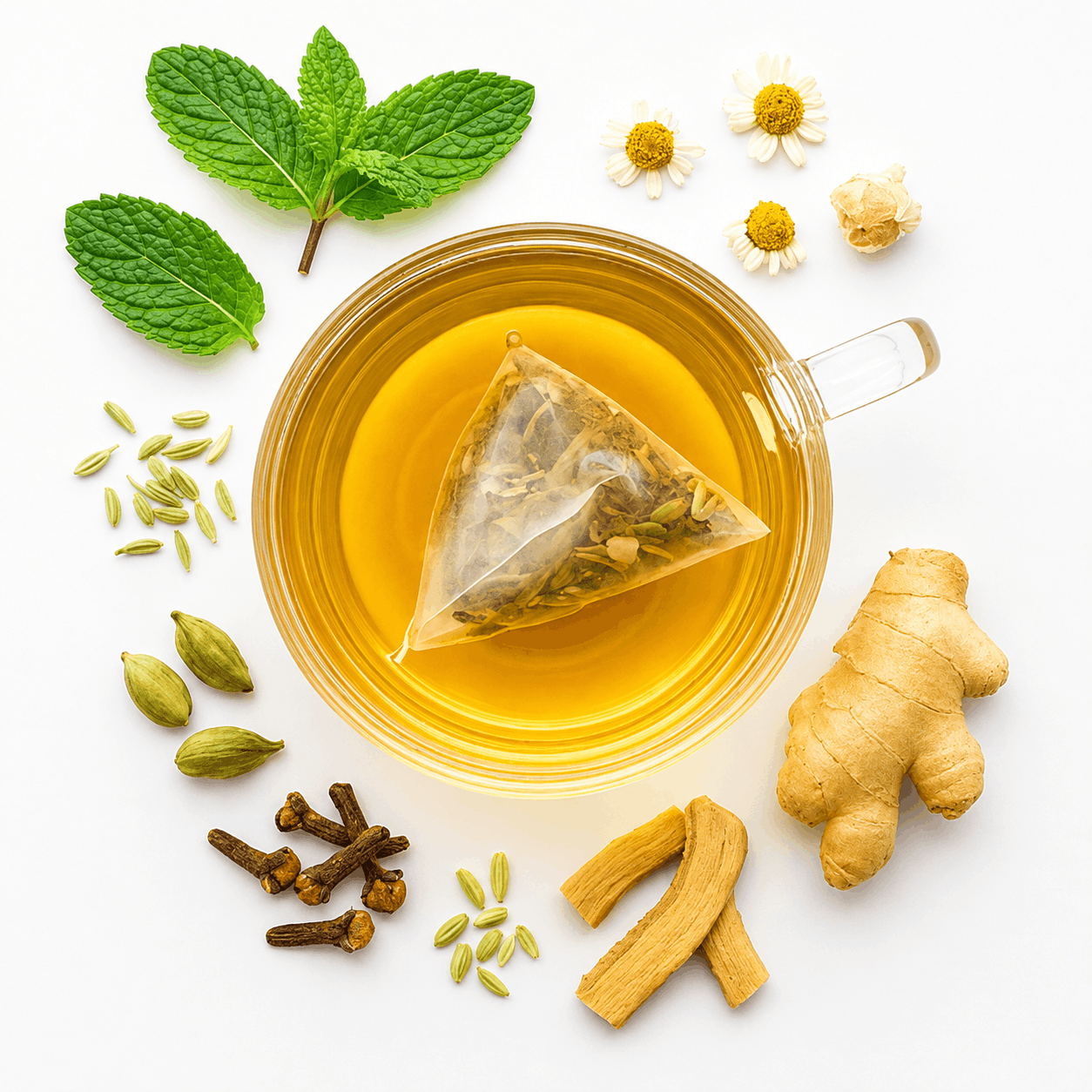 Tea bag in a cup with various herbs and spices on a white background