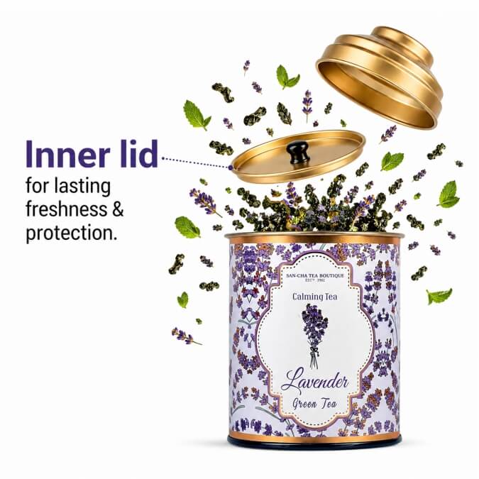 Tea canister with lavender design and open lid showing inner lid feature on a white background