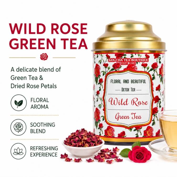 Wild Rose Green Tea packaging with tea leaves, a cup of tea, and a rose