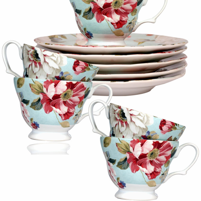 Adelaide Blue Vintage Tea Set of 6: Pamper your loved ones with an elegantly designed set of 6 vintage style teacups, handcrafted in porcelain, to make you look forward to the evenings when you entertain Add warmth to your space with a classical vintage design with floral motifs