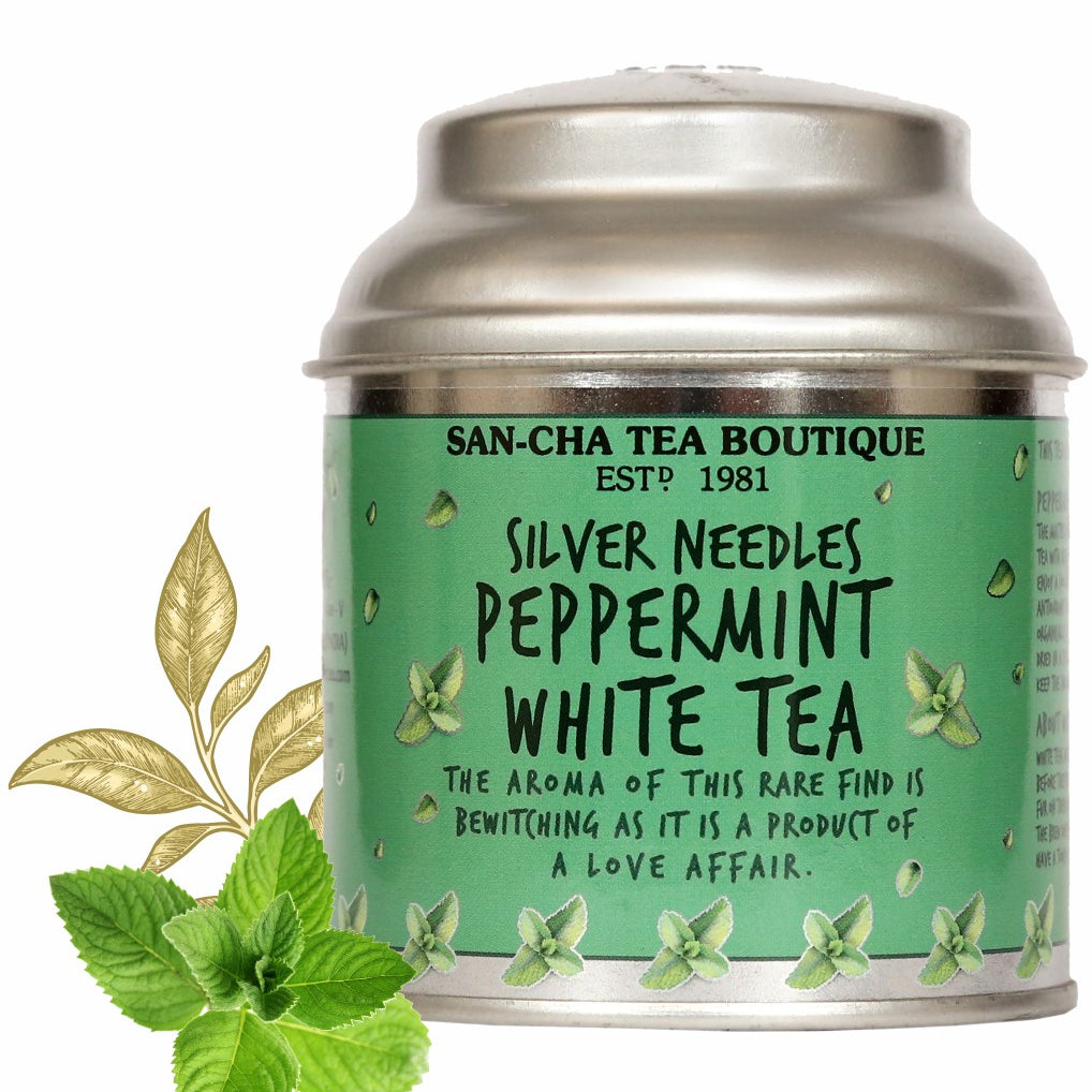 Peppermint White Tea Silver Needles Richest in Antioxidants The Master blenders blend an antioxidant rich white tea with real peppermint leaves in this fresh selection. Enjoy a cooling sensation inside your body with antioxidant rich peppermint white tea. Grown organically, in a shade, these peppermint leaves are dried in a specially designed cold drying chamber to keep the aroma fresh & intense
