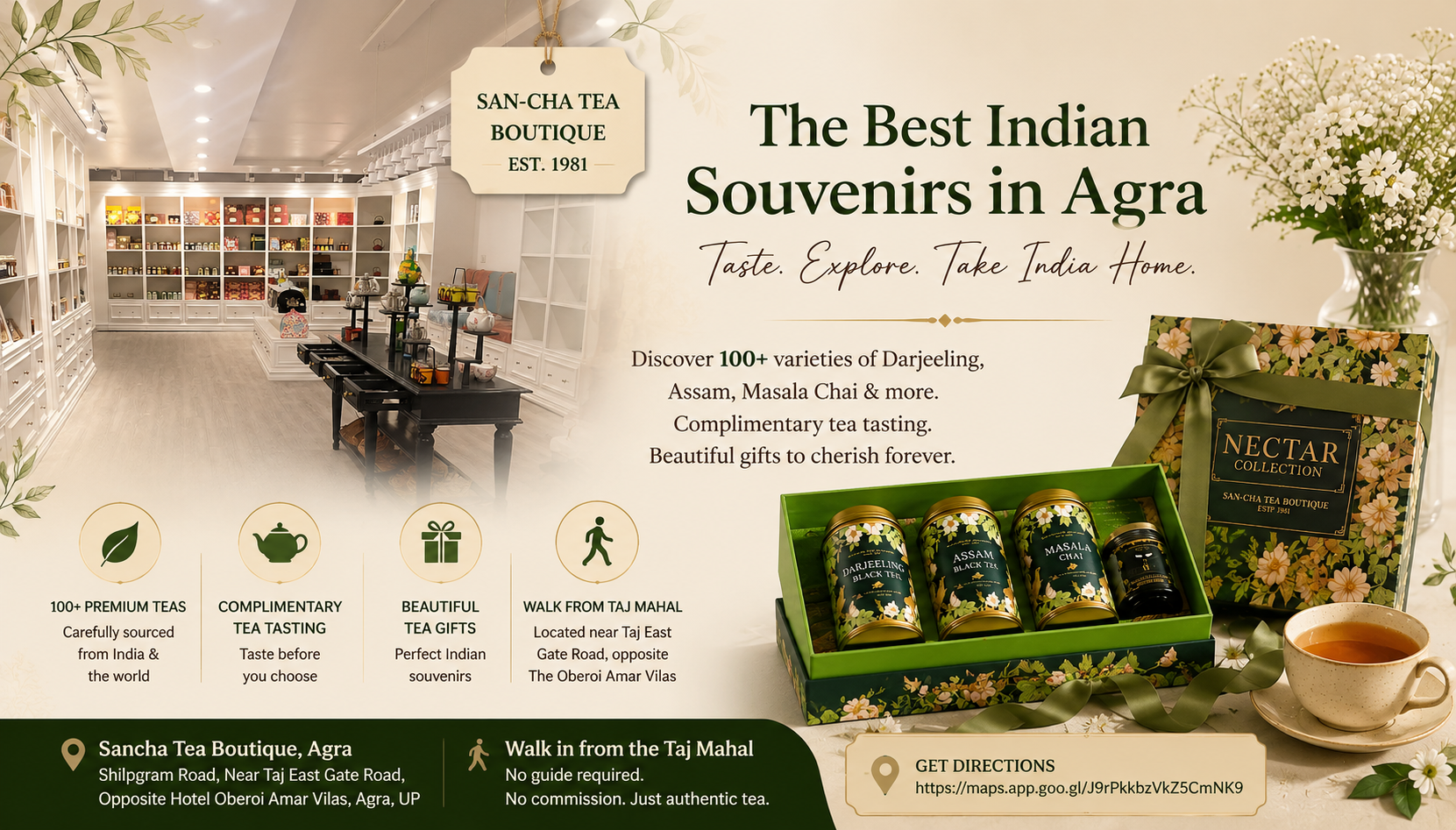 Sancha Tea Boutique Agra near the Taj Mahal offering 100+ Indian teas, complimentary tea tasting and premium Indian tea gifts