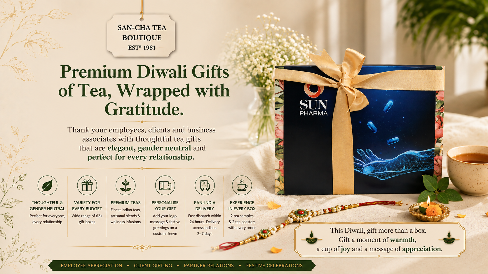 Premium Diwali tea gift box from SAN-CHA Tea Boutique, featuring personalised corporate packaging, elegant ribbon, festive diya and tea cup, promoting thoughtful Diwali gifts for employees, clients and business associates across India.