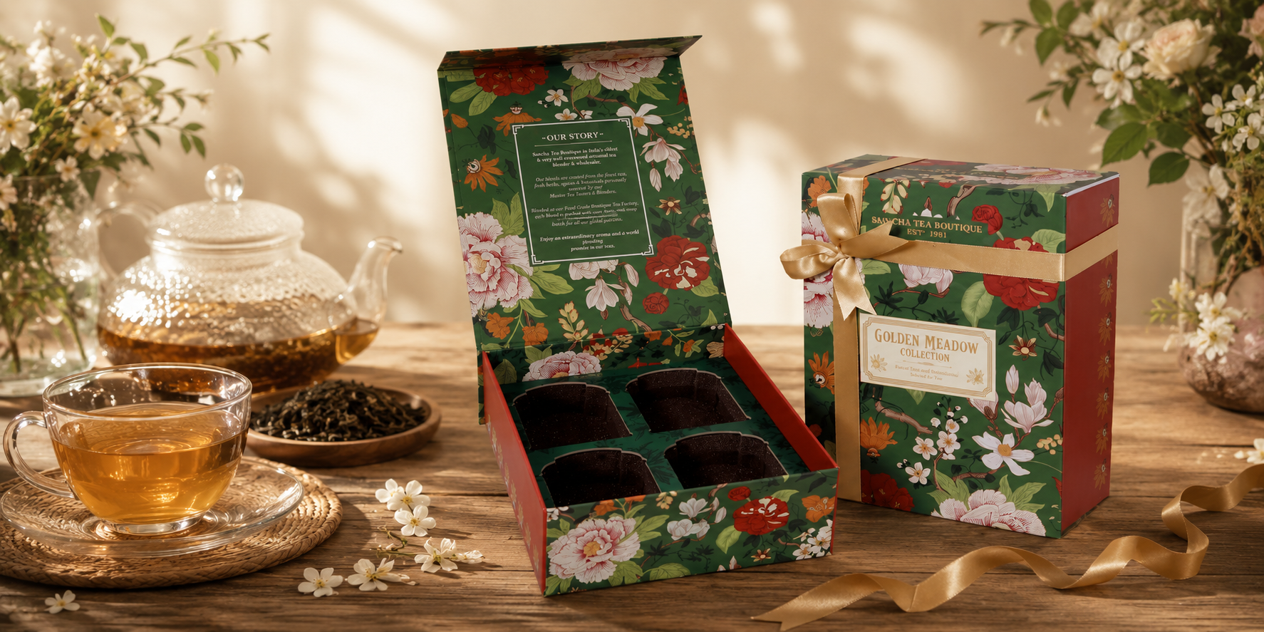 Customisable Gift Boxes – Botanical Print Tea Gift Packaging