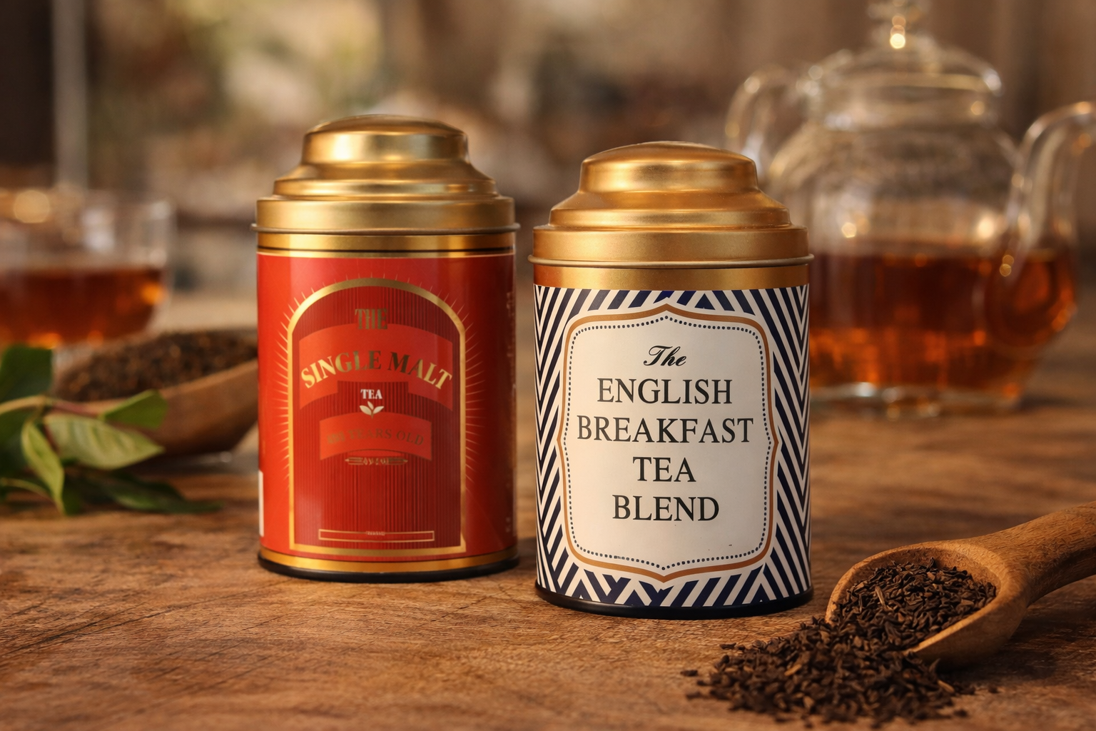 assam english breakfast tea and assam single malt tea on a table