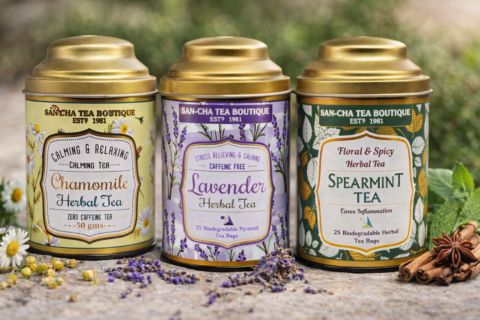 “San-Cha Tea Boutique herbal tea tins with chamomile, lavender, and spearmint surrounded by natural herbs and flowers.”