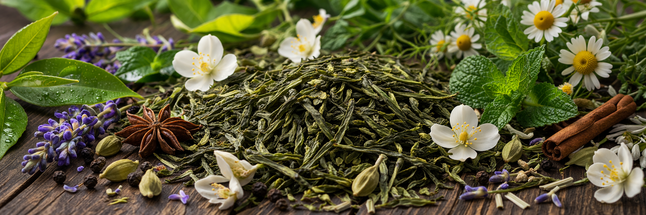 Close-up of green tea leaves with jasmine flowers, mint, lavender, and whole spices on a rustic wooden surface