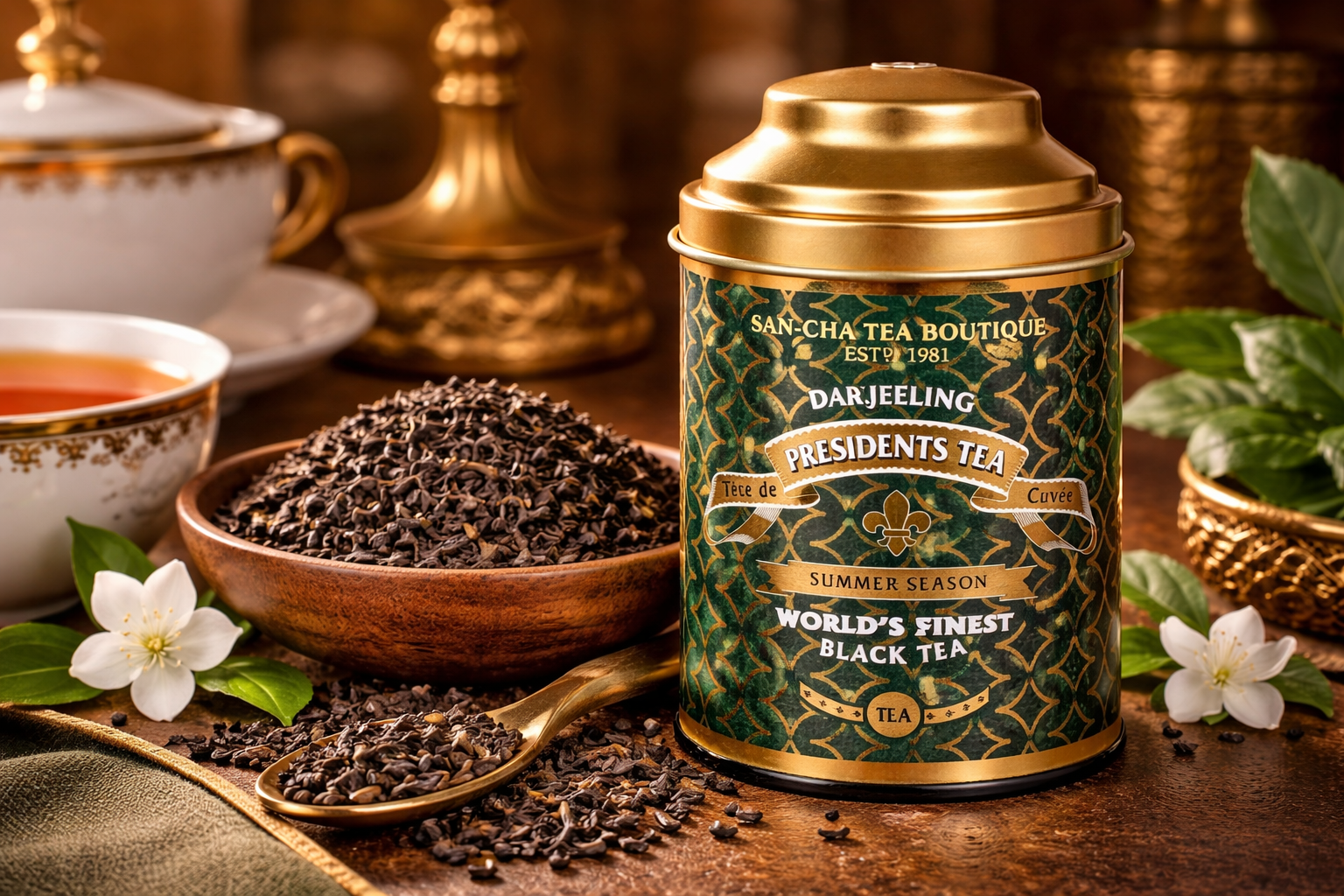 Grand Cru loose leaf teas with premium whole leaves in an elegant luxury setting