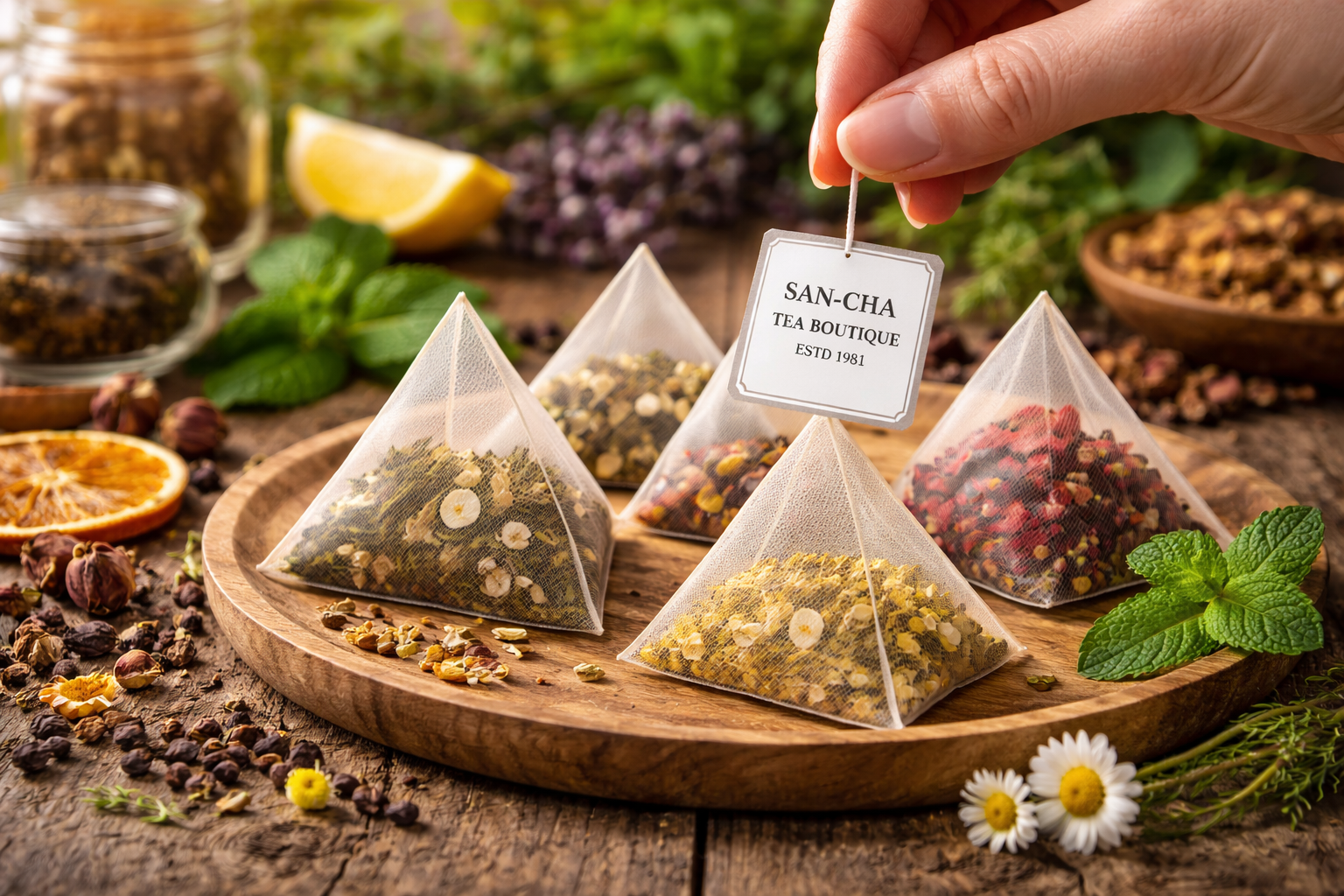 Pyramid tea bags in corn fibre mesh with loose tea blends and botanicals on a wooden tray