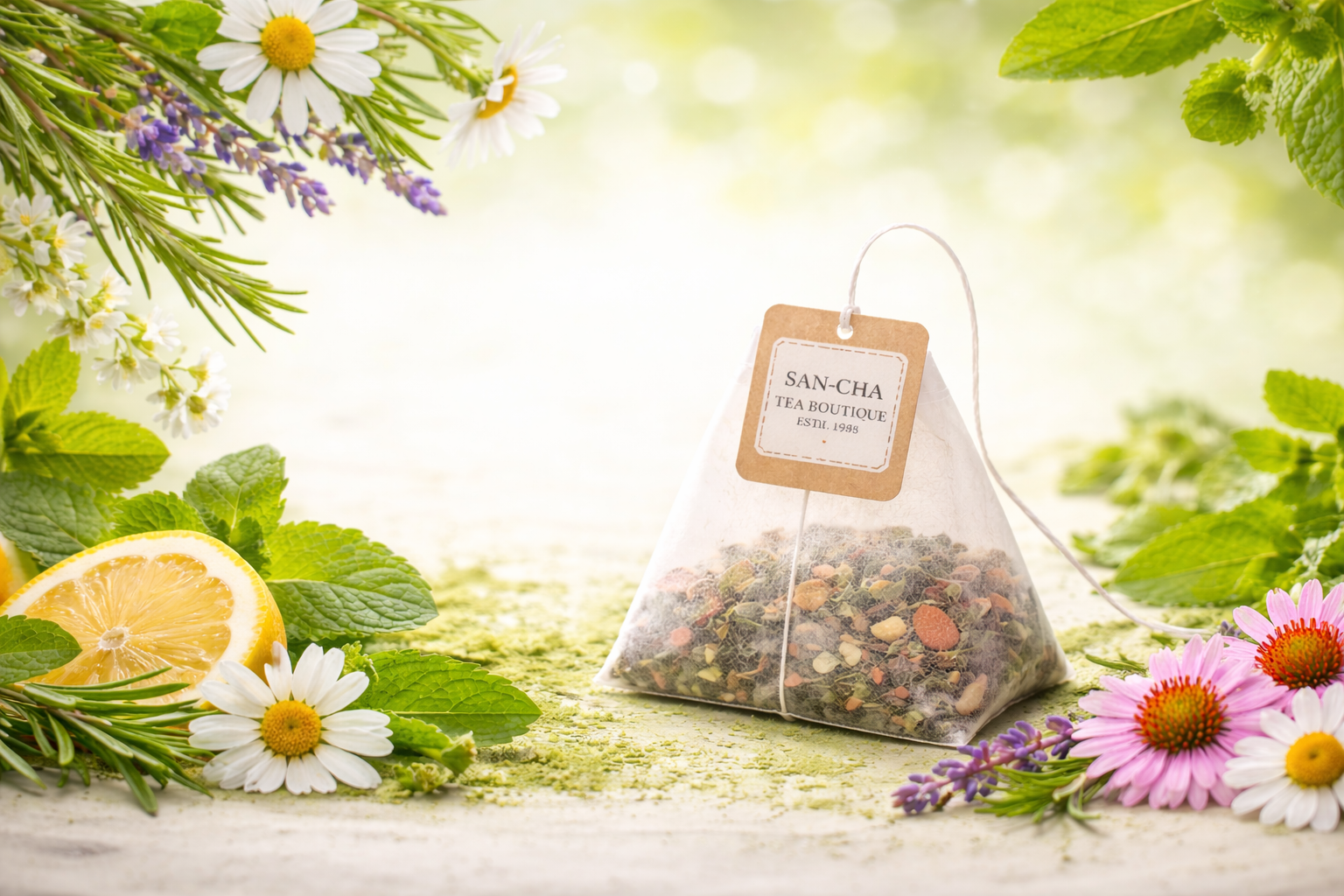 Pyramid herbal tea bag with natural herbs, flowers, and fresh botanical background