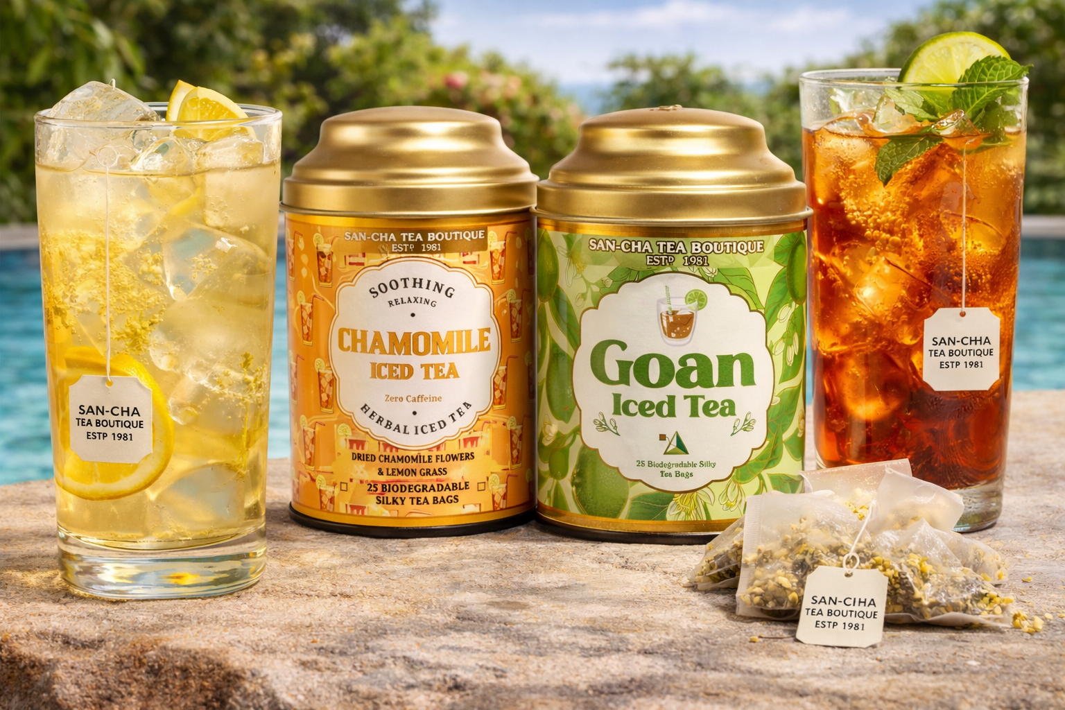 Herbal Iced Tin Caddies along with brewed Iced Teas by Sancha