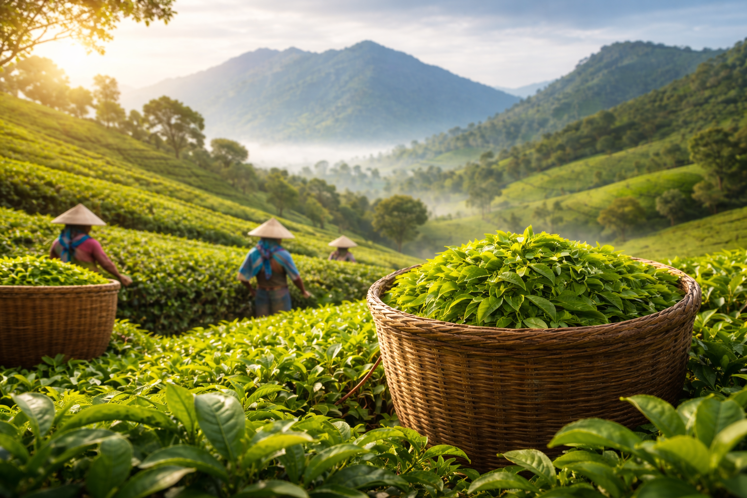 Nilgiri tea plantation with misty mountains and workers harvesting fresh tea leaves at sunrise