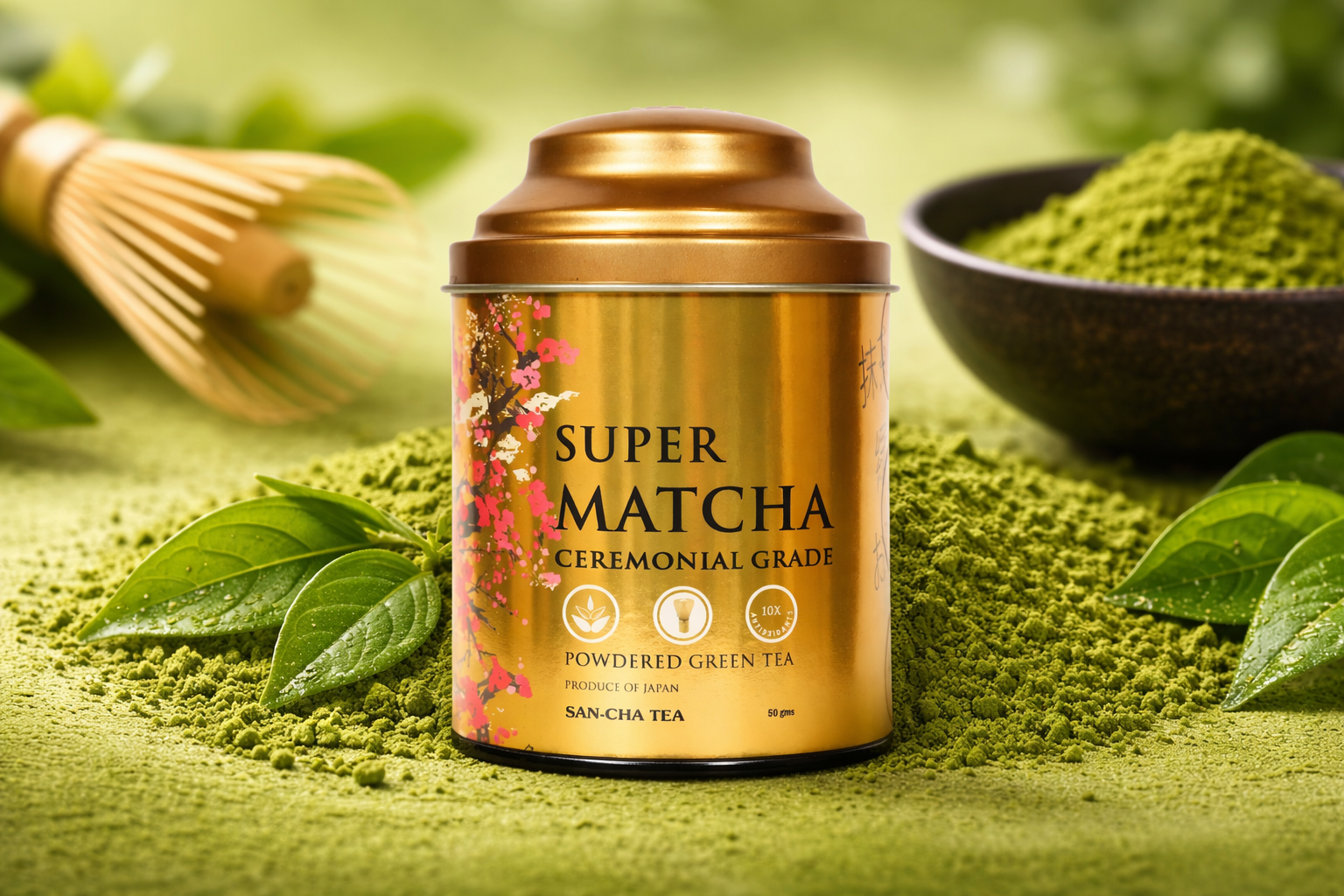 Ceremonial grade matcha green tea in gold tin with matcha powder background and bamboo whisk