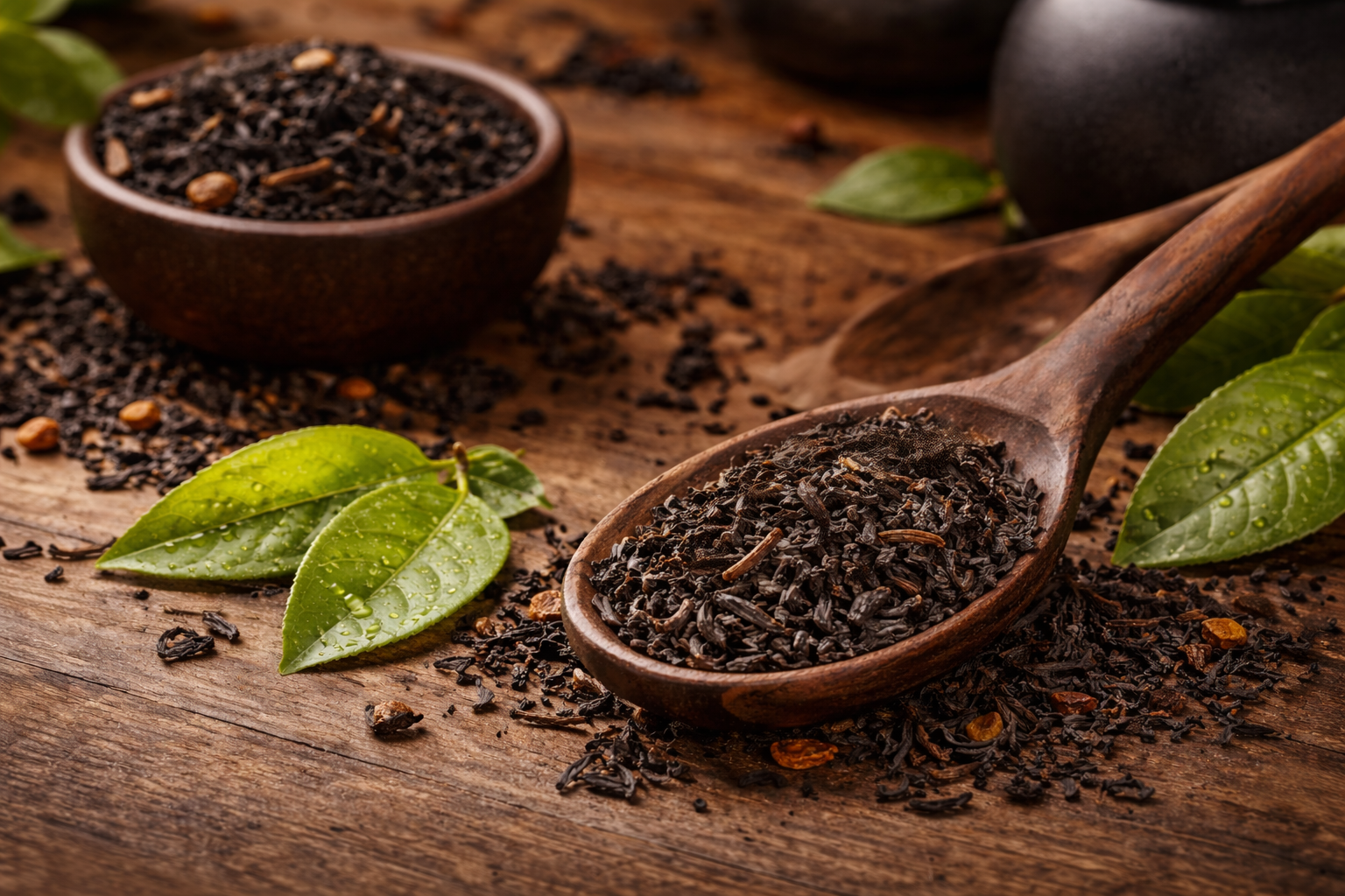 Loose black tea leaves in a wooden spoon on a rustic wooden surface with fresh green tea leaves