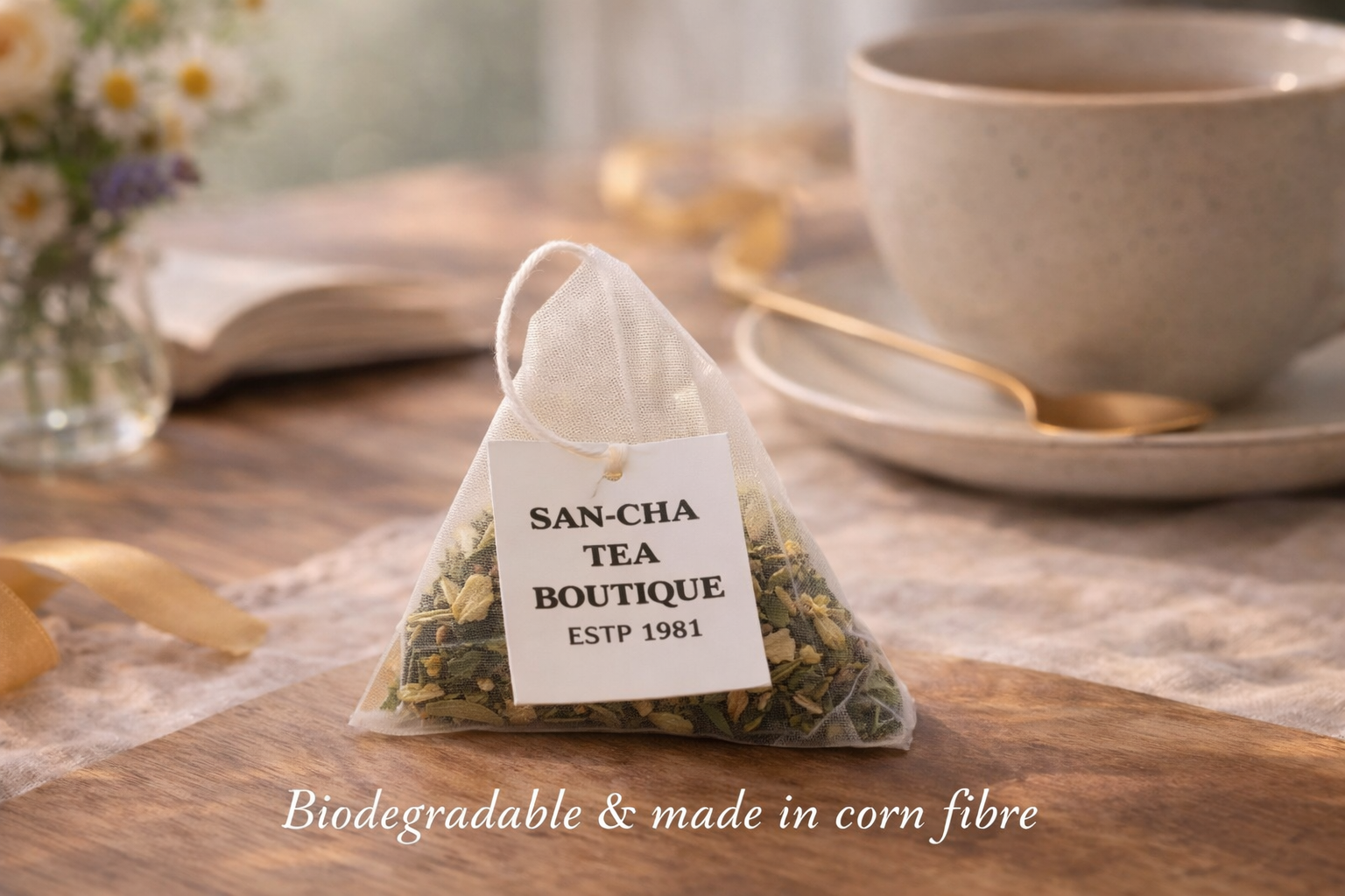 Sustainably crafted pyramid tea bag made from plant-based corn fibre
