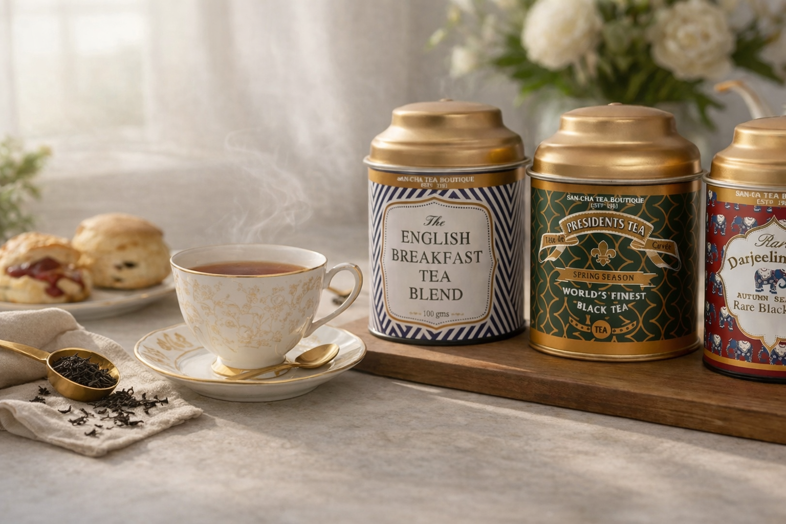 Luxury lifestyle banner featuring San-Cha Tea Boutique Darjeeling Afternoon Tea Blend tin alongside premium black tea variants, styled with an elegant teacup, loose tea leaves, and scones in a warm, natural light setting on a marble and wood surface.