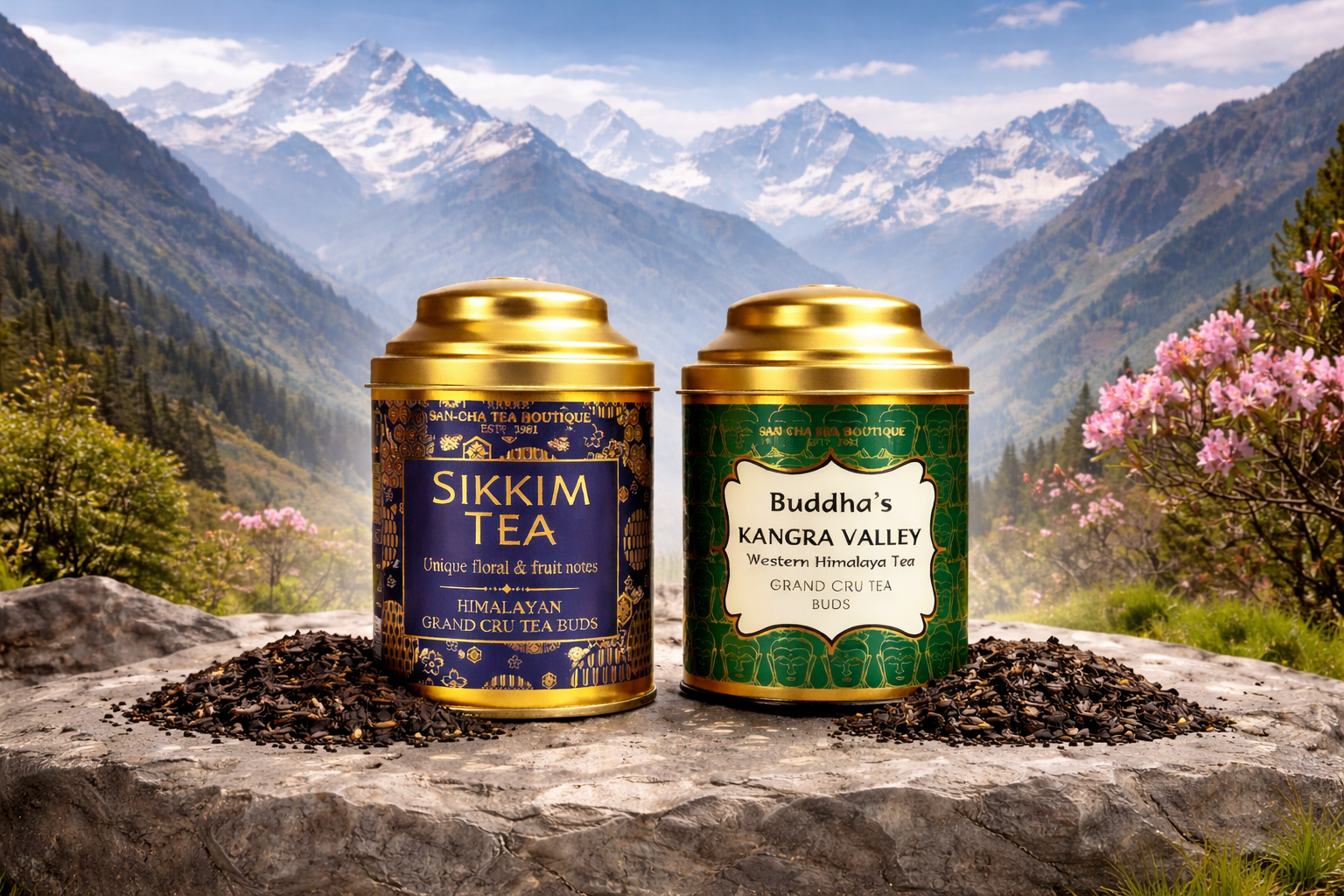 kangra and sikkim tin caddies in the backdrop of the himalayas
