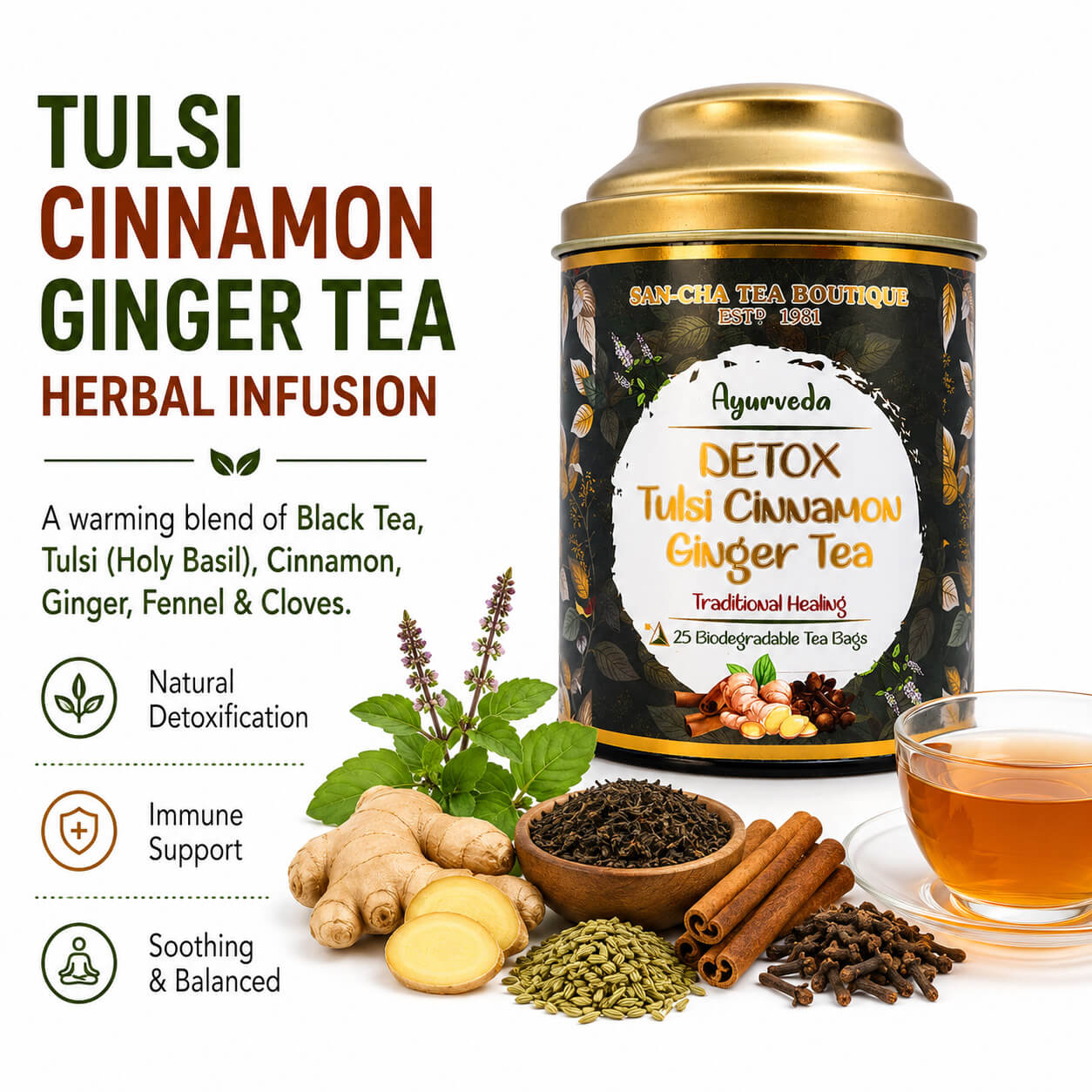 Tulsi Cinnamon Ginger Tea – Ayurvedic Immunity Blend – Sancha Tea