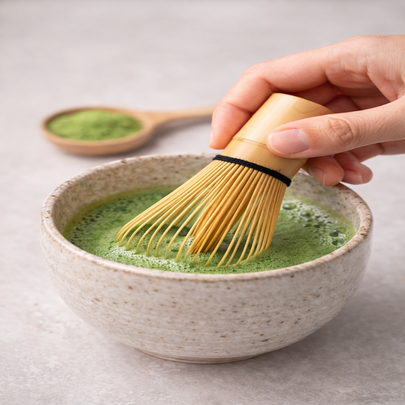 Hand using a bamboo matcha whisk to froth ceremonial matcha tea in a ceramic bowl