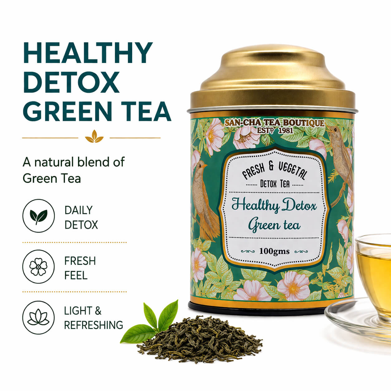 インド政府公認SAN-CHA TEA BOUTIQUE グリーンティー4種 Fresh Meadow Green Tea | Sancha Tea – Detox & Antioxidant-Rich