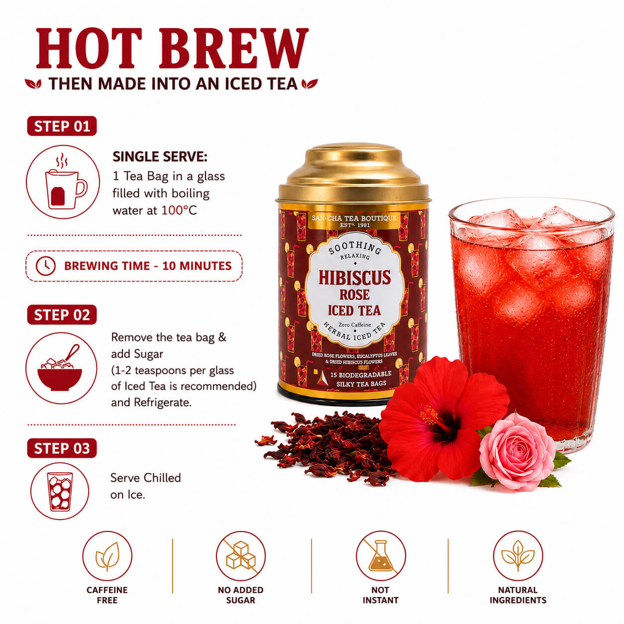 Hibiscus & Rose Iced Herbal Tea – Caffeine-Free Skin Glow Blend