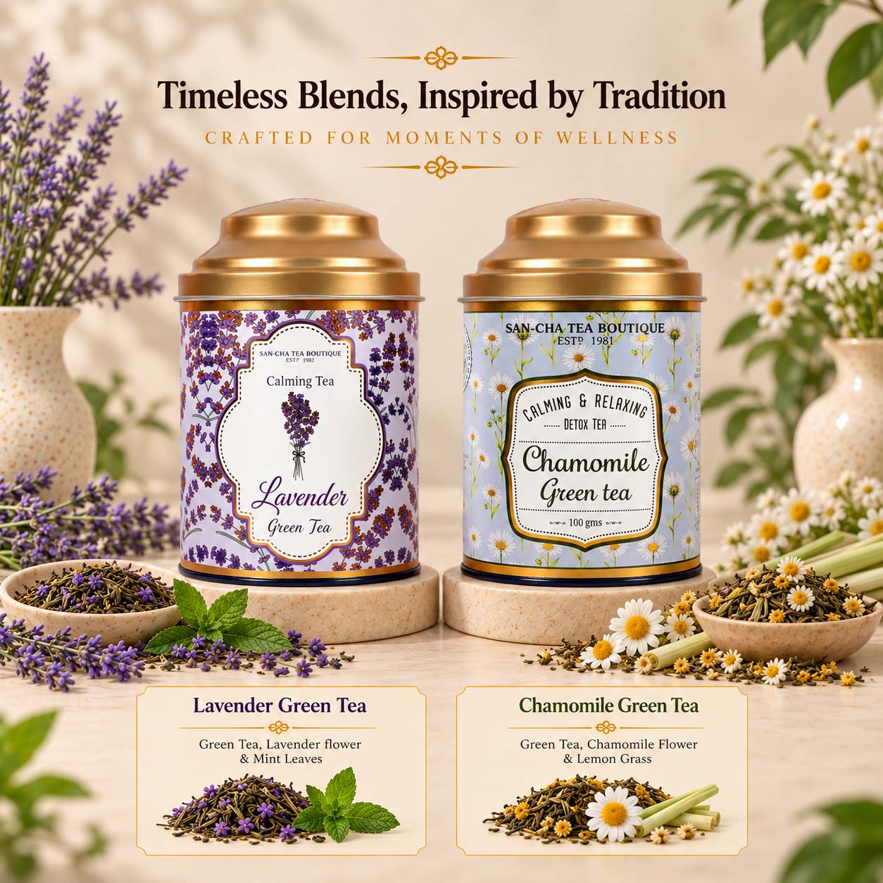 Chamomile & Lavender Green Tea Gift Box – Calming Tea Duo | Sancha