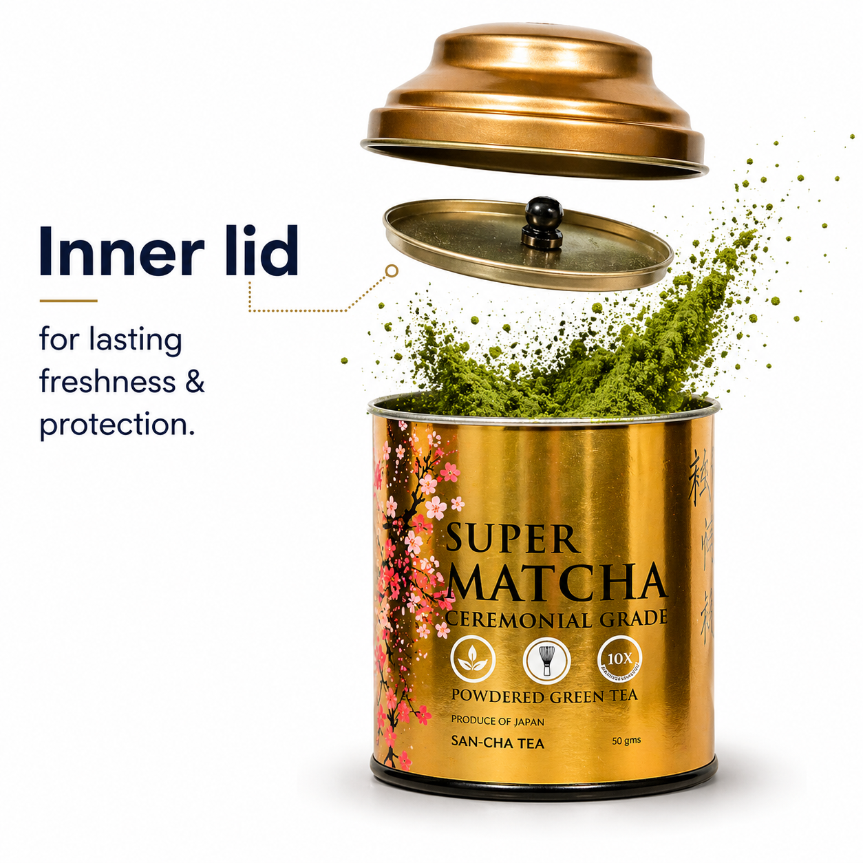 Super Matcha canister with inner lid feature 