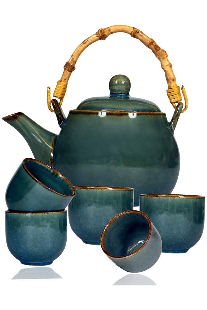 Aralia Teal Tea Set (Set of 6): Gorgeous Full Tea Set in layered teal colour adds a classy & chic touch to your hospitality when you entertain  Serve your favourite SAN-CHA brews in style 