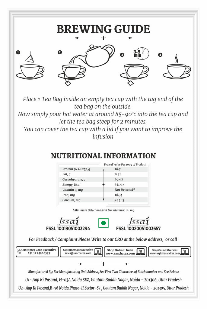BREWING INSTRUCTIONS: Simply place 1 Tea Bag inside an empty tea cup with the tag end of the tea bag on the outside. Now simply pour hot water at around 85-90*c into the tea cup and let the tea bag steep for 2 minutes. You can cover the tea cup with a lid if you want to improve the infusion