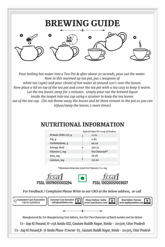 BREWING INSTRUCTIONS: In a warmed up tea pot, put 1/2 teaspoon of green tea (1gm) and pour 180ml of hot water at around 85-90*c over the leaves. Now place a lid on top of the tea pot and cover the tea pot with a tea cosy to keep it warm. Let the tea leaves steep for 2 minutes. simply pour out the brewed liquor inside the teapot into tea cup using a strainer to keep the tea leaves out of the tea cup.